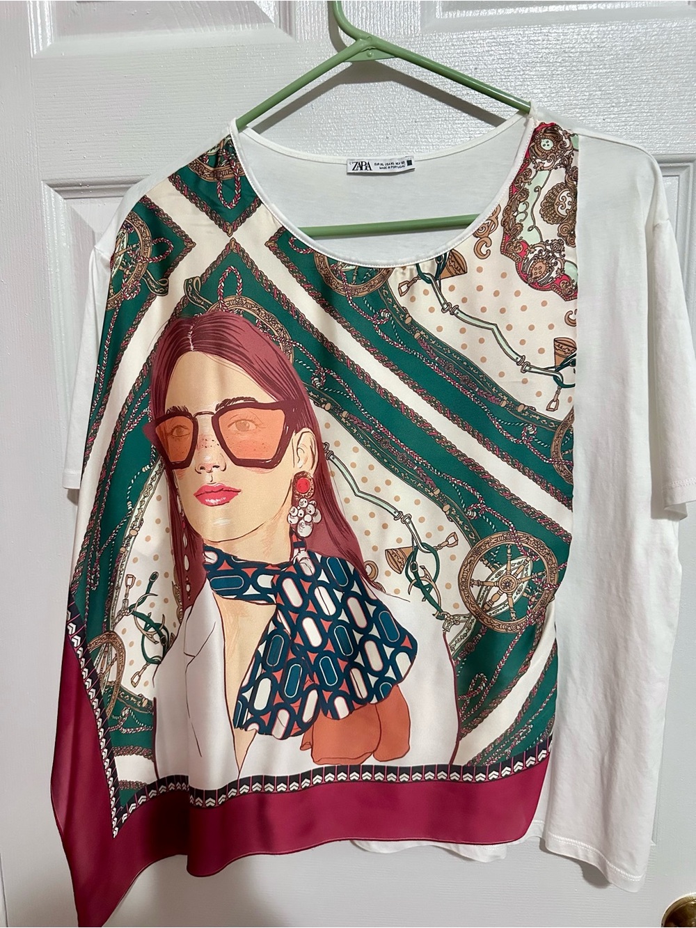 Zara Illustrated Scarf-Print Tee in Green, White & Burgundy